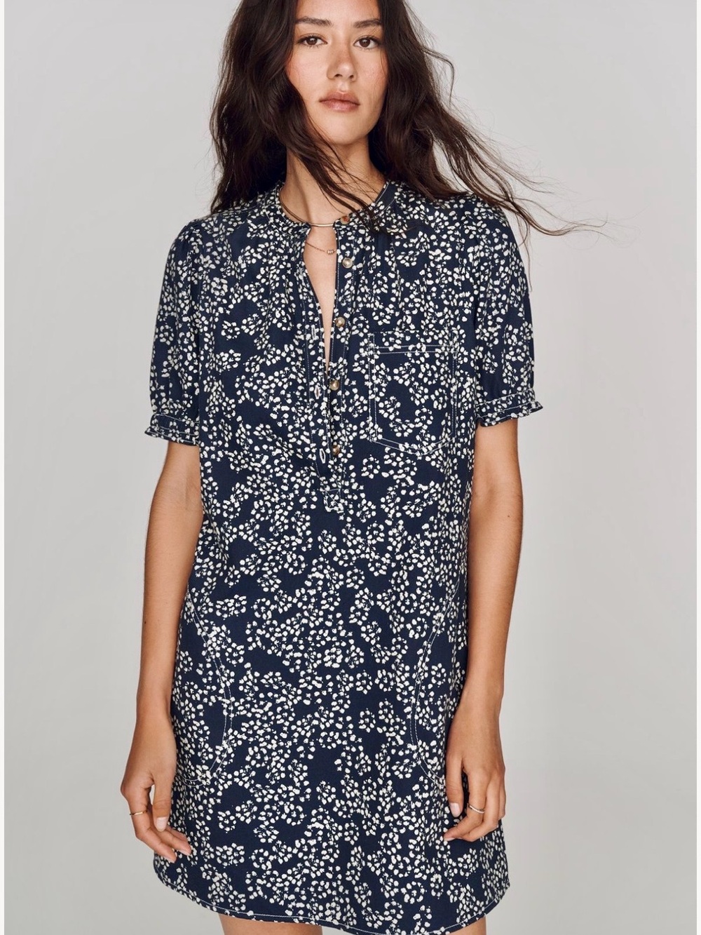 Pilcro Navy and White Floral-Print a line Dress